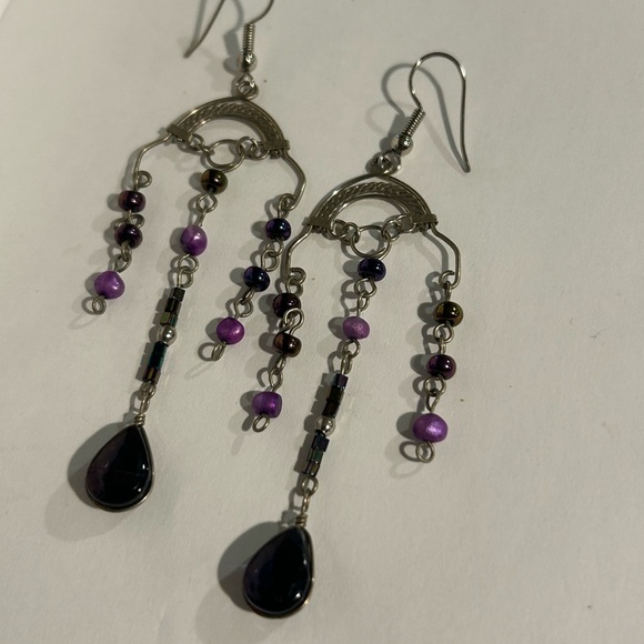 Boho Chic Silver and Purple Dangle Earrings - Picture 11 of 12